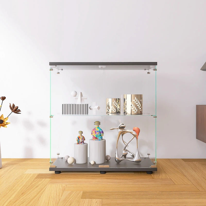 Vitrine en verre à deux portes 2 étagères avec porte