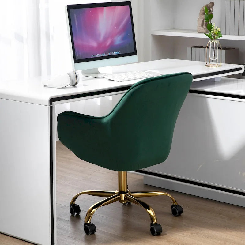 Chaise pivotante en velours vert à dossier haut, chaise de bureau réglable avec base dorée