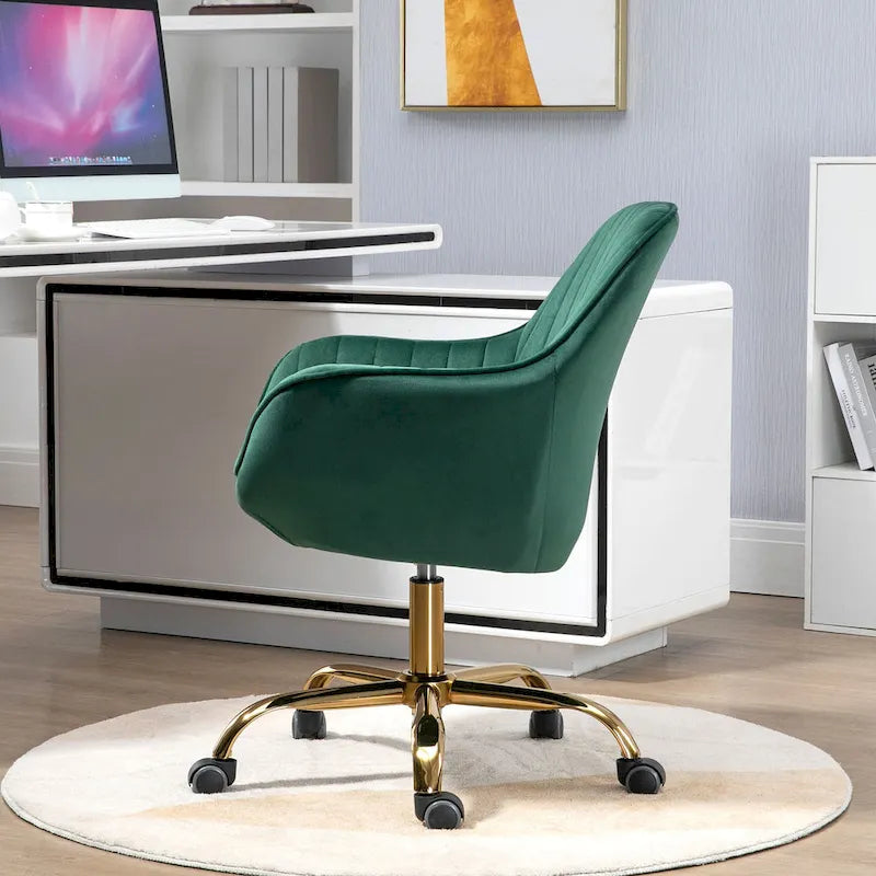 Chaise pivotante en velours vert à dossier haut, chaise de bureau réglable avec base dorée