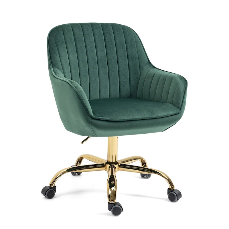 Chaise pivotante en velours vert à dossier haut, chaise de bureau réglable avec base dorée