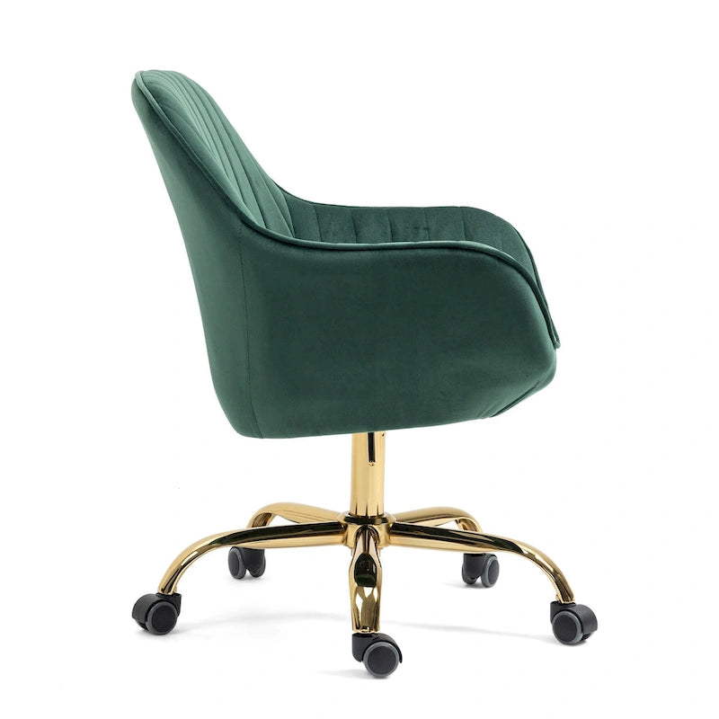 Chaise pivotante en velours vert à dossier haut, chaise de bureau réglable avec base dorée