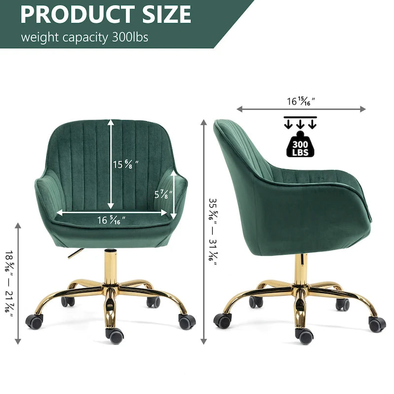Chaise pivotante en velours vert à dossier haut, chaise de bureau réglable avec base dorée