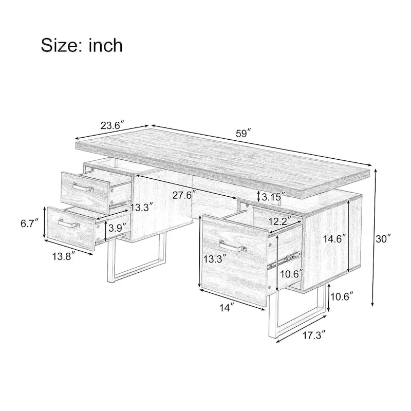 Bureau d'ordinateur à domicile avec tiroirs 150 cm