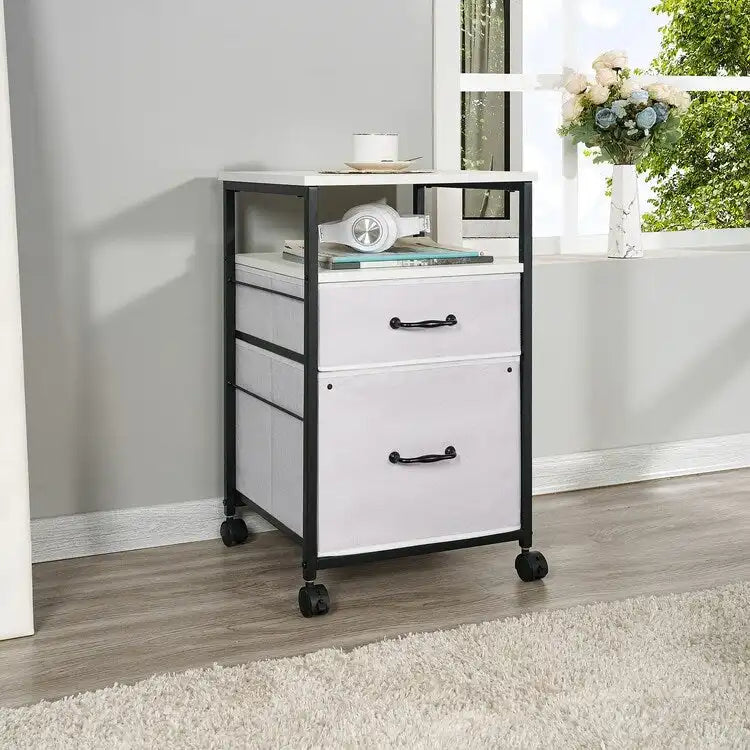 Meuble de classement mobile à 2 tiroirs avec support d'imprimante roulant avec étagère de rangement ouverte, armoire de classement verticale en tissu