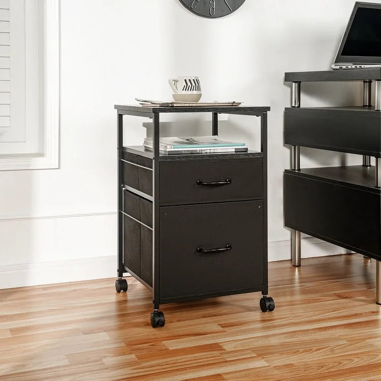 Meuble de classement mobile à 2 tiroirs avec support d'imprimante roulant avec étagère de rangement ouverte, armoire de classement verticale en tissu