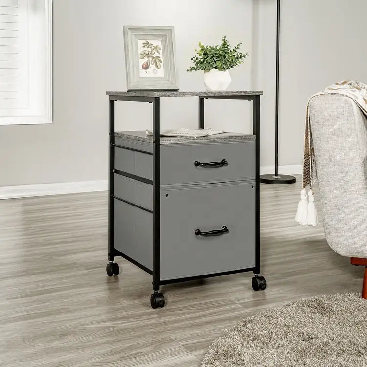 Meuble de classement mobile à 2 tiroirs avec support d'imprimante roulant avec étagère de rangement ouverte, armoire de classement verticale en tissu