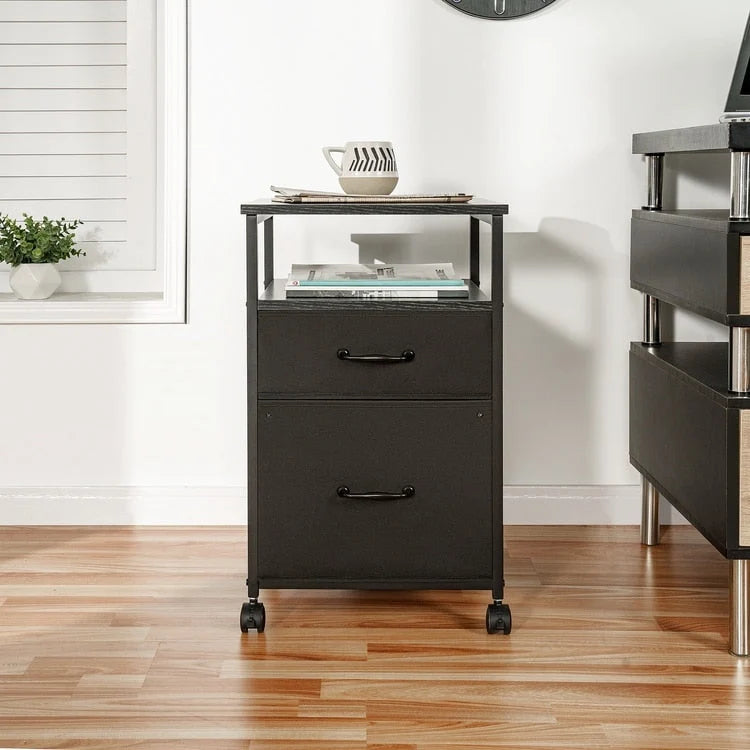 Meuble de classement mobile à 2 tiroirs avec support d'imprimante roulant avec étagère de rangement ouverte, armoire de classement verticale en tissu