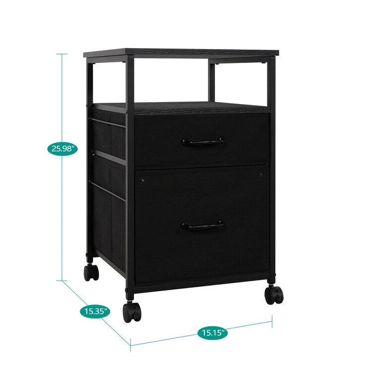 Meuble de classement mobile à 2 tiroirs avec support d'imprimante roulant avec étagère de rangement ouverte, armoire de classement verticale en tissu