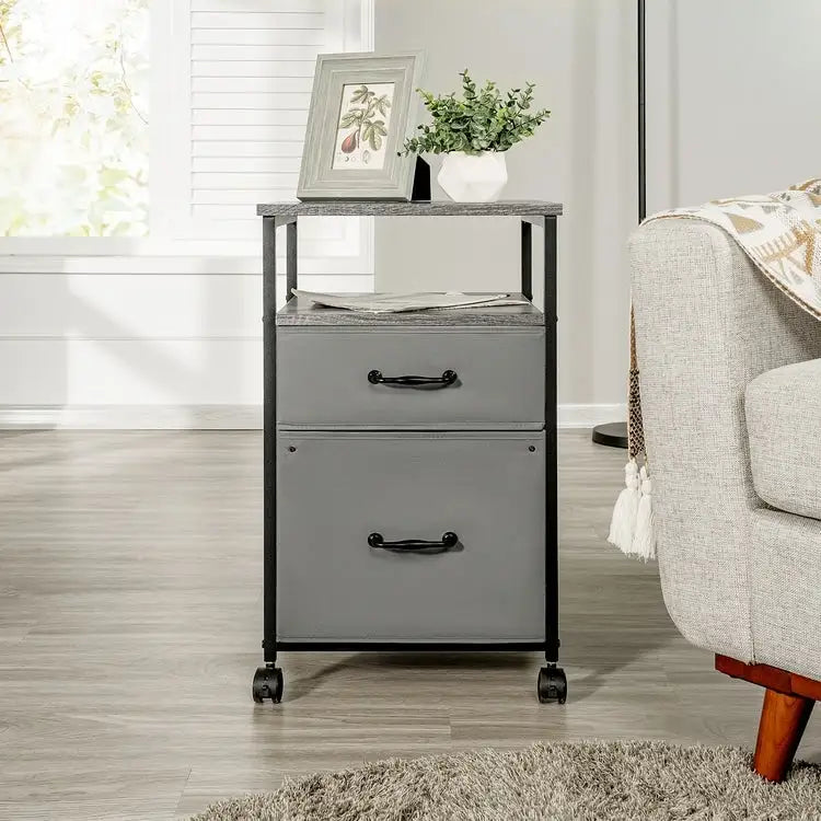 Meuble de classement mobile à 2 tiroirs avec support d'imprimante roulant avec étagère de rangement ouverte, armoire de classement verticale en tissu