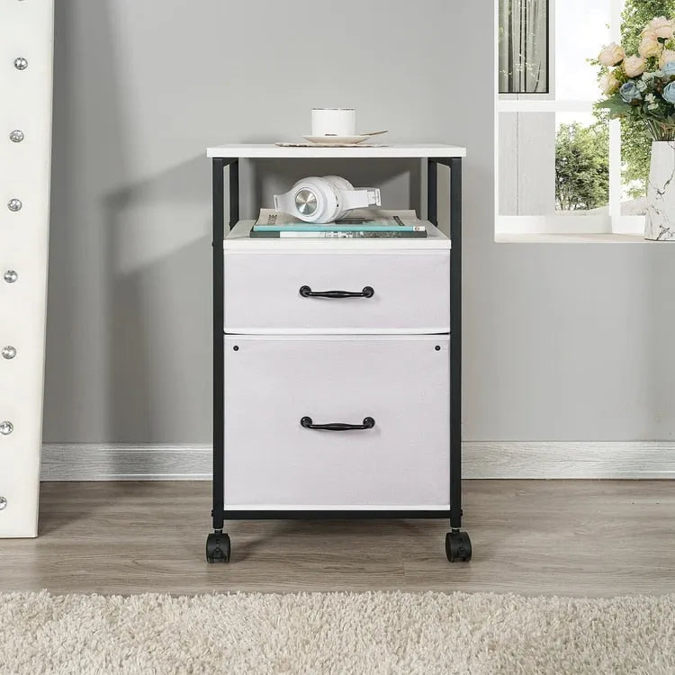 Meuble de classement mobile à 2 tiroirs avec support d'imprimante roulant avec étagère de rangement ouverte, armoire de classement verticale en tissu
