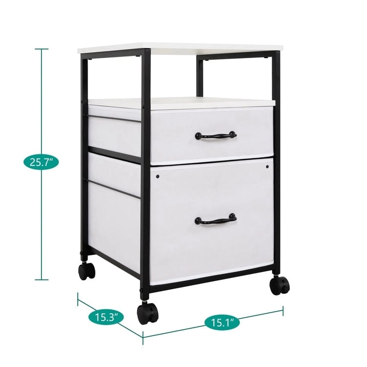 Meuble de classement mobile à 2 tiroirs avec support d'imprimante roulant avec étagère de rangement ouverte, armoire de classement verticale en tissu