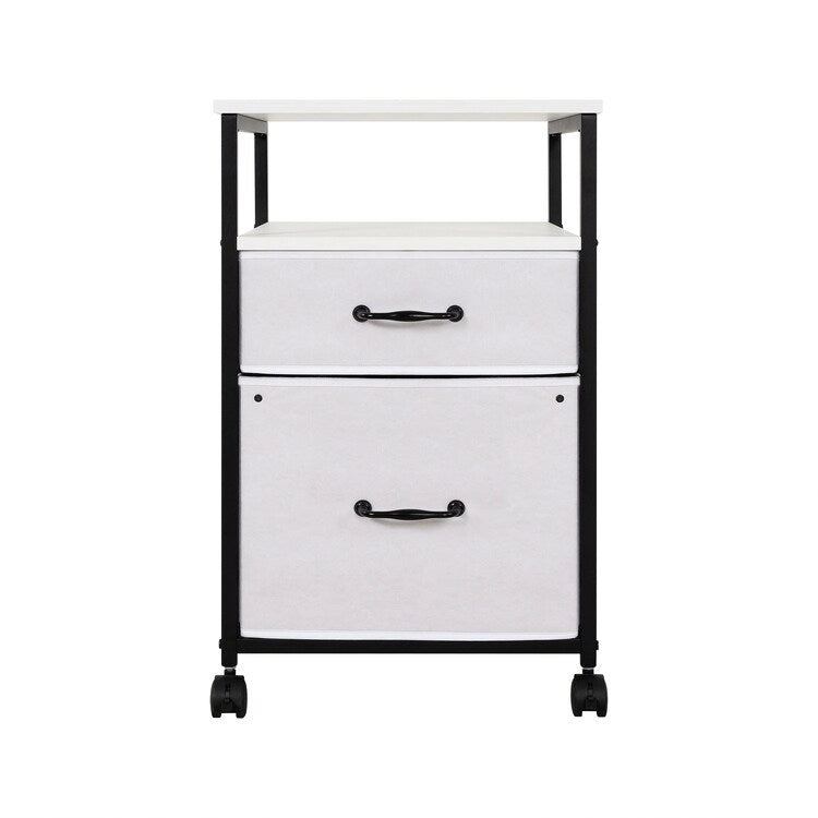 Meuble de classement mobile à 2 tiroirs avec support d'imprimante roulant avec étagère de rangement ouverte, armoire de classement verticale en tissu