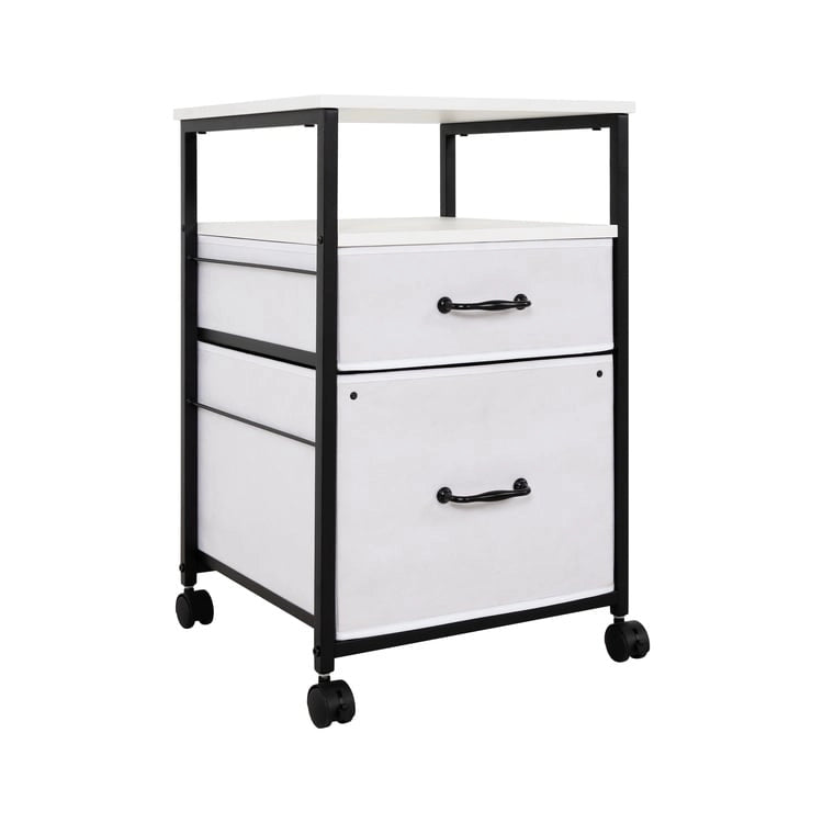 Meuble de classement mobile à 2 tiroirs avec support d'imprimante roulant avec étagère de rangement ouverte, armoire de classement verticale en tissu