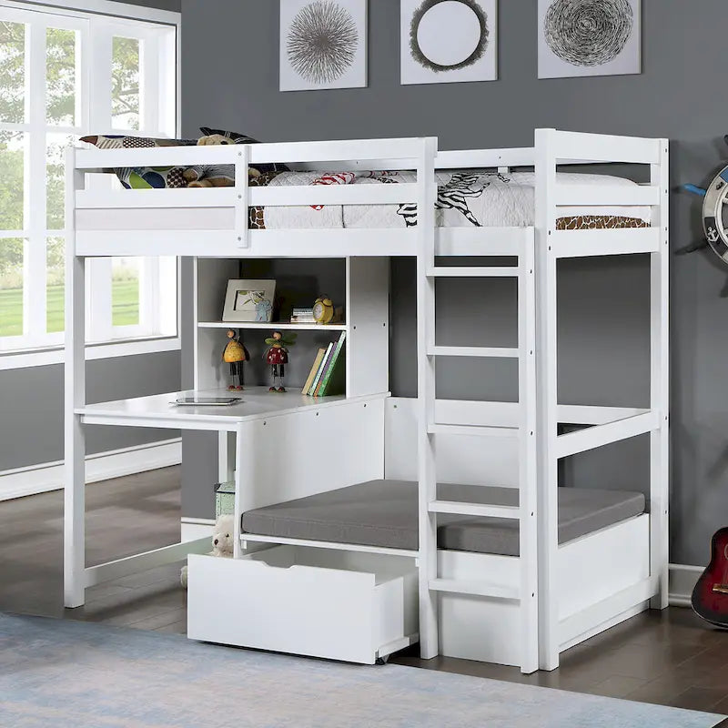 Furniture of America Lit mezzanine double en bois massif Wegh avec poste de travail et rangement caché