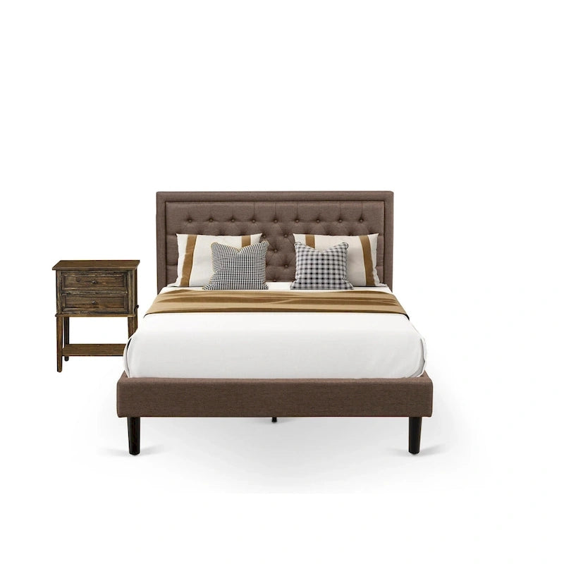 East West Furniture Ensemble de lit Queen Size – Cadre de lit marron avec tête de lit et petite table de chevet – Pieds finition noire (options de table d'appoint)
