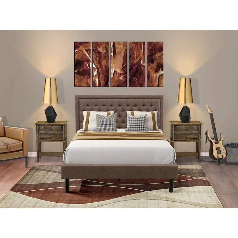 East West Furniture Ensemble de lit Queen Size – Cadre de lit marron avec tête de lit et petite table de chevet – Pieds finition noire (options de table d'appoint)