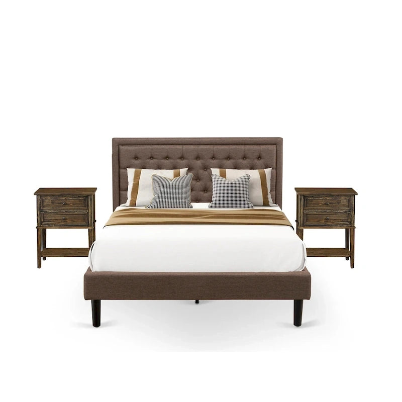 East West Furniture Ensemble de lit Queen Size – Cadre de lit marron avec tête de lit et petite table de chevet – Pieds finition noire (options de table d'appoint)