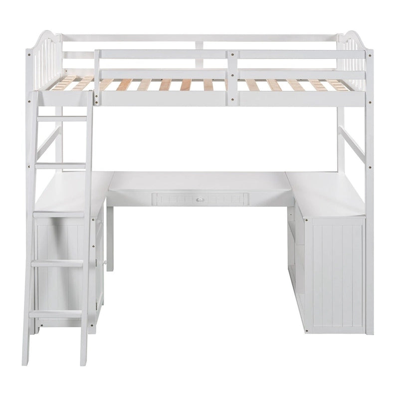 Lit mezzanine double Merax avec tiroirs, armoire, étagères et bureau
