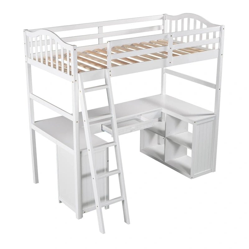 Lit mezzanine double Merax avec tiroirs, armoire, étagères et bureau