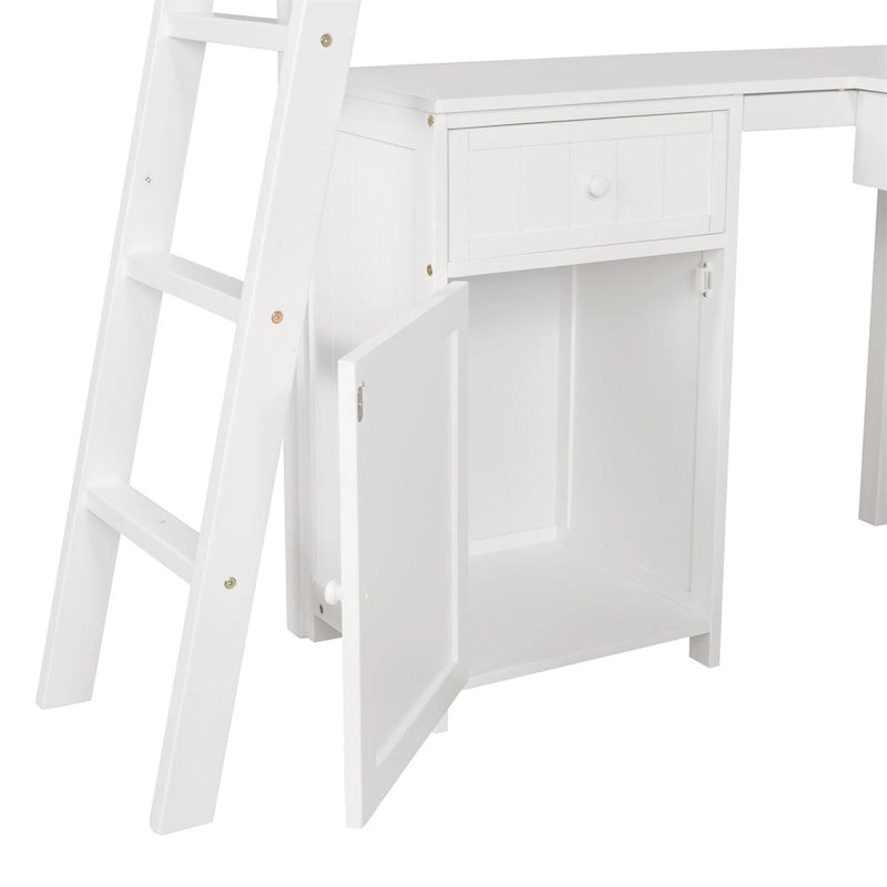 Lit mezzanine double Merax avec tiroirs, armoire, étagères et bureau