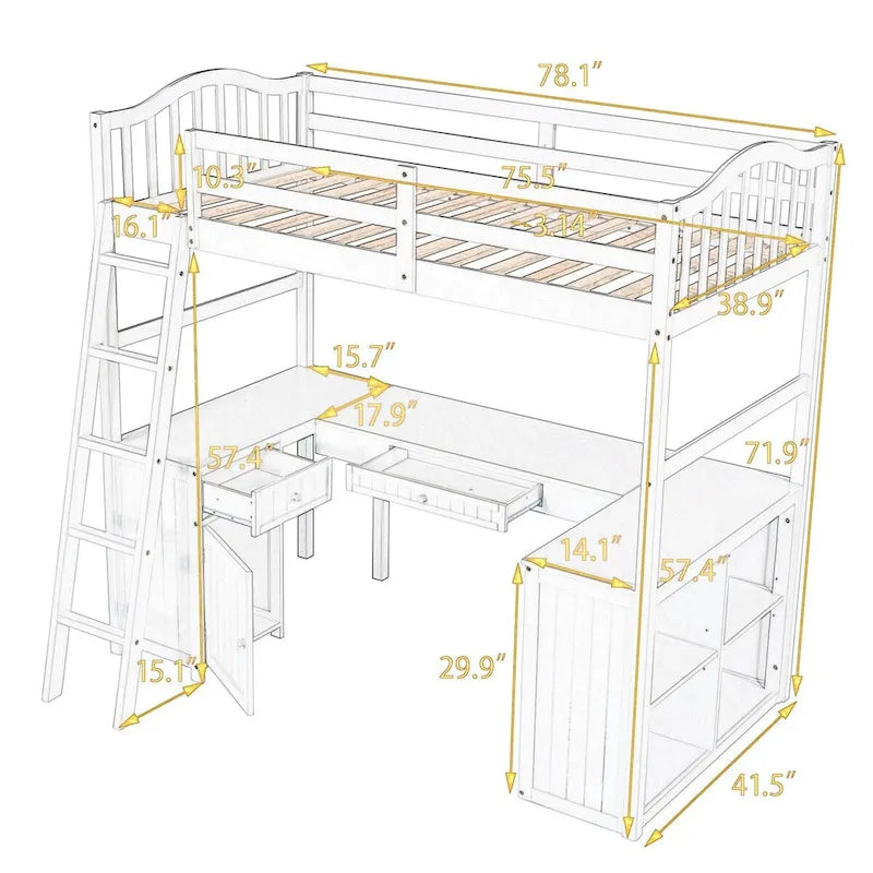 Lit mezzanine double Merax avec tiroirs, armoire, étagères et bureau