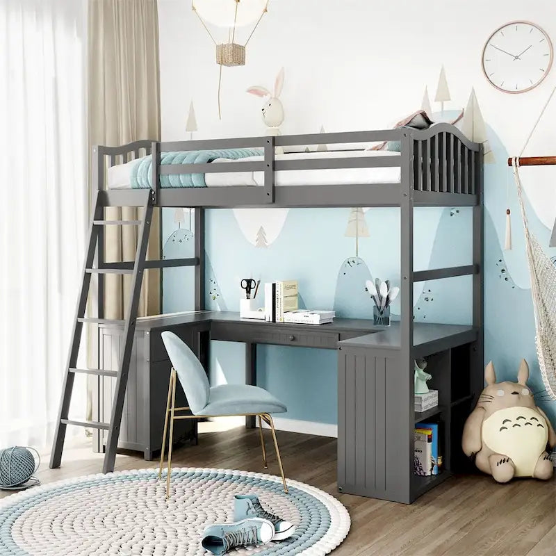 Lit mezzanine double Merax avec tiroirs, armoire, étagères et bureau