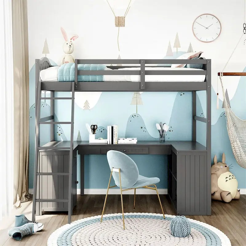 Lit mezzanine double Merax avec tiroirs, armoire, étagères et bureau