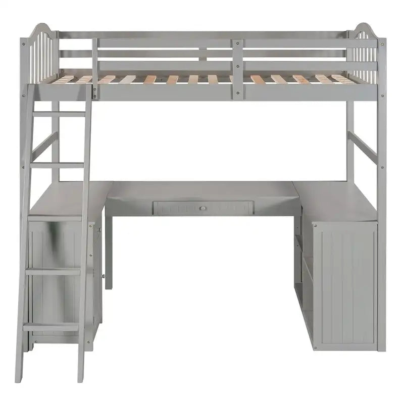 Lit mezzanine double Merax avec tiroirs, armoire, étagères et bureau