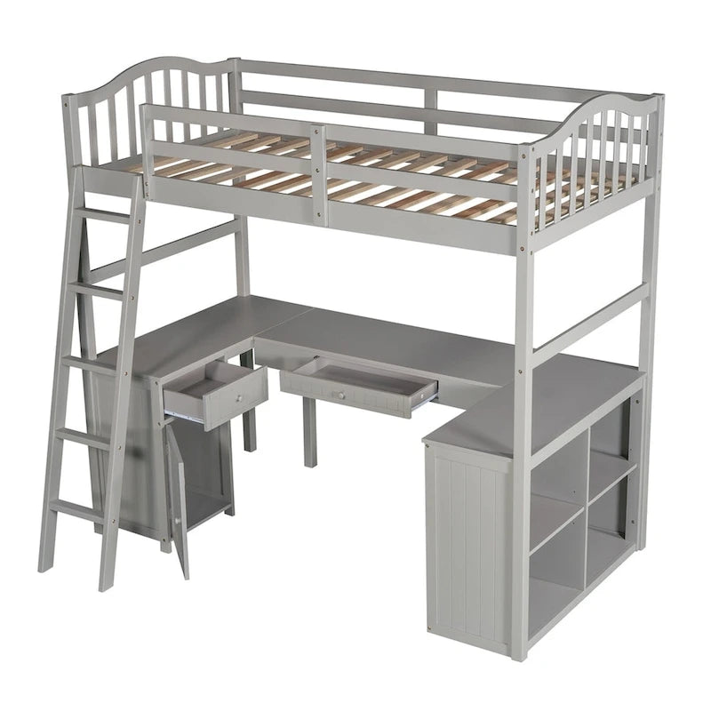 Lit mezzanine double Merax avec tiroirs, armoire, étagères et bureau