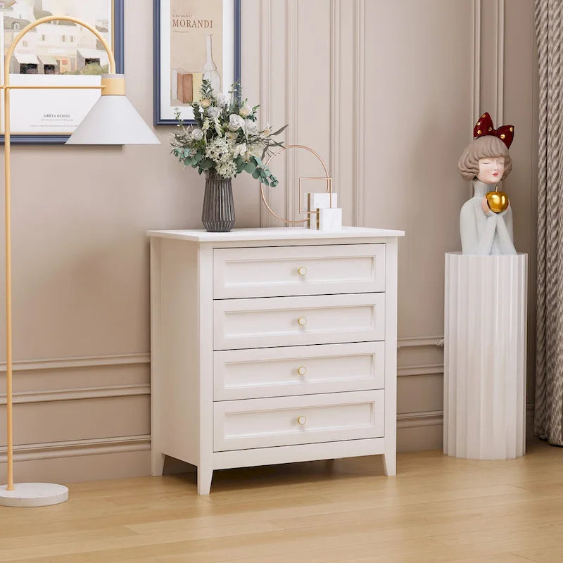 Commode à tiroirs en bois massif pulvérisé avec poignée ronde rétro, blanc