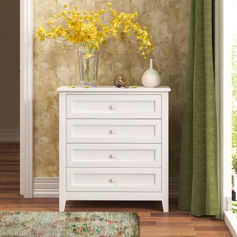 Commode à tiroirs en bois massif pulvérisé avec poignée ronde rétro, blanc