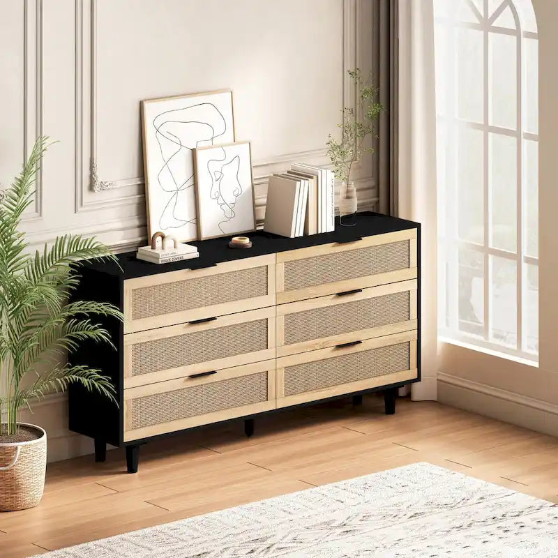 59.066-Commode de rangement en rotin avec tiroirs, pour chambre à coucher, salon, noir
