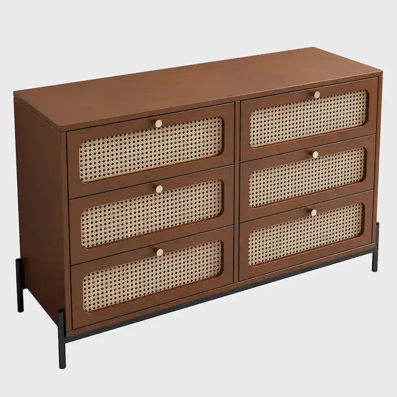Commode à 6 tiroirs en bois de rotin cannage moderne