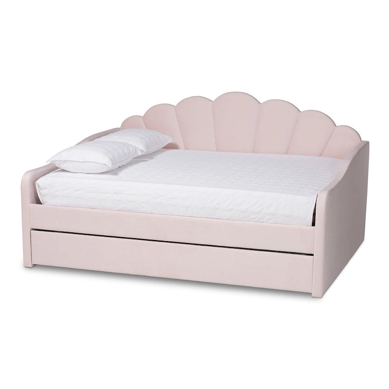 Lit de repos gigogne Queen Size Timila en velours rose clair de style moderne et contemporain