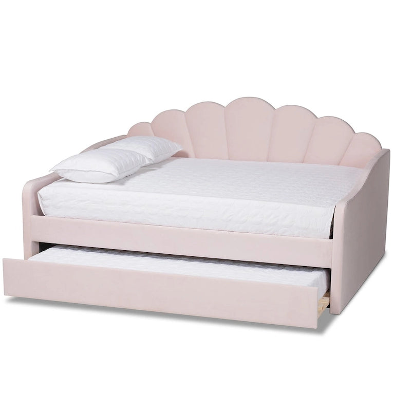 Lit de repos gigogne Queen Size Timila en velours rose clair de style moderne et contemporain