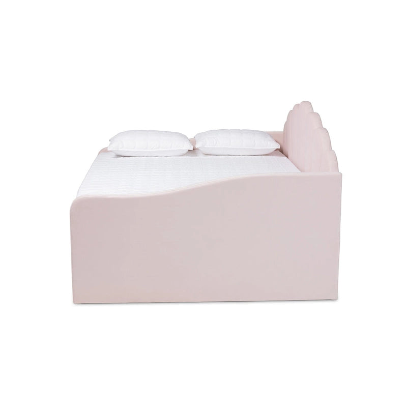 Lit de repos gigogne Queen Size Timila en velours rose clair de style moderne et contemporain