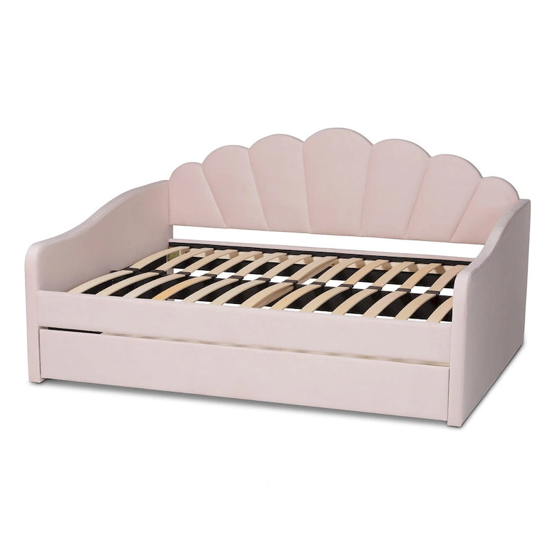 Lit de repos gigogne Queen Size Timila en velours rose clair de style moderne et contemporain
