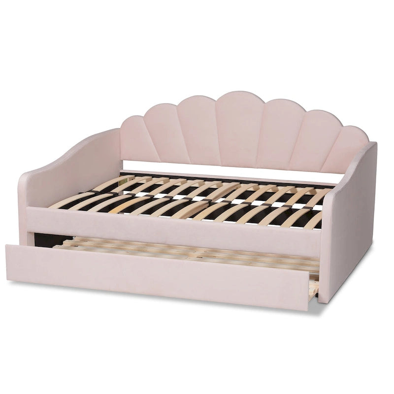Lit de repos gigogne Queen Size Timila en velours rose clair de style moderne et contemporain