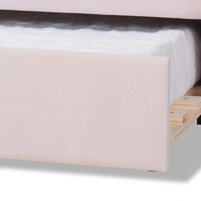 Lit de repos gigogne Queen Size Timila en velours rose clair de style moderne et contemporain