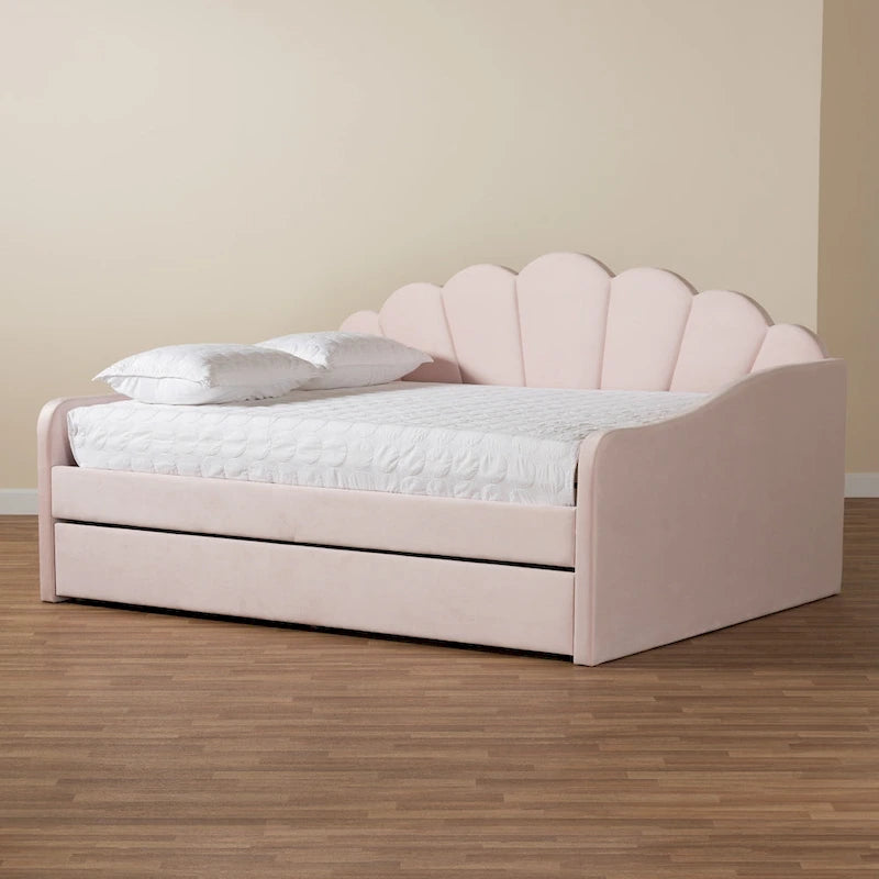 Lit de repos gigogne Queen Size Timila en velours rose clair de style moderne et contemporain