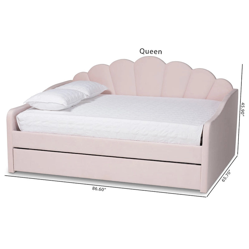 Lit de repos gigogne Queen Size Timila en velours rose clair de style moderne et contemporain