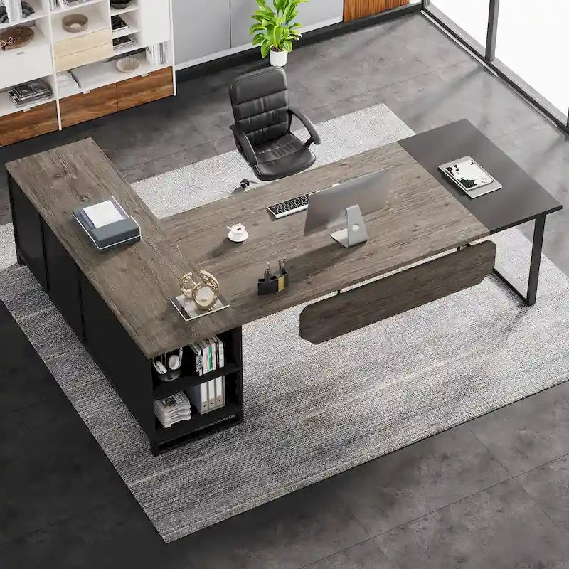 Grand bureau d'ordinateur en L de 70,9 pouces, bureau de direction avec caisson de rangement, pour bureau à domicile