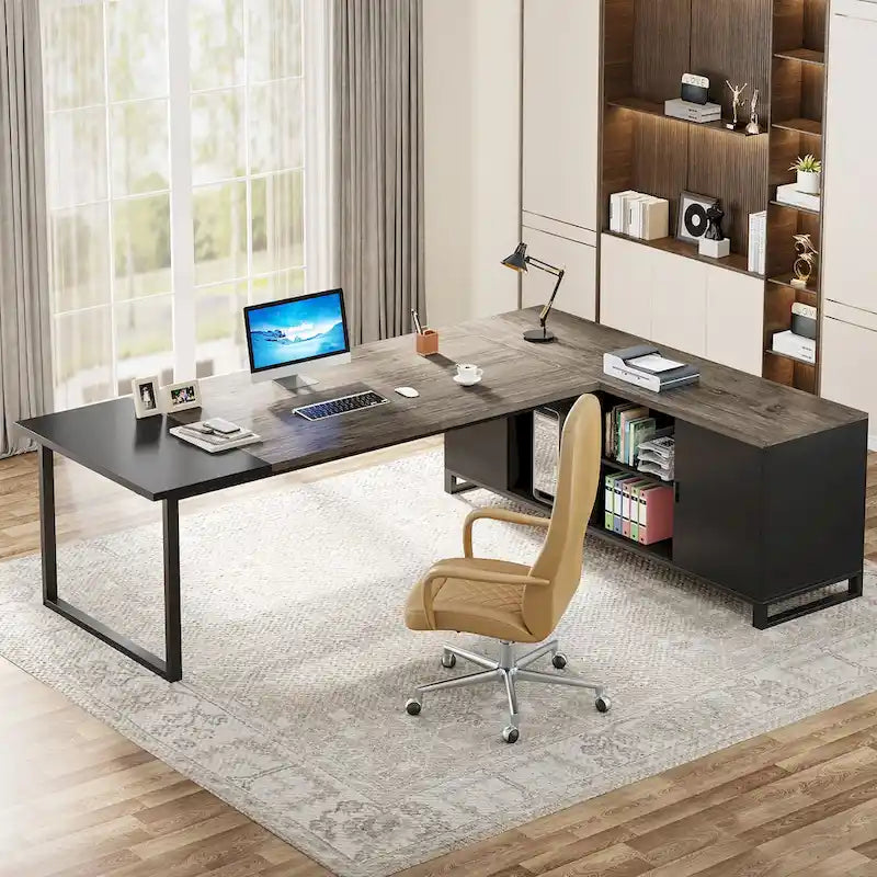 Grand bureau d'ordinateur en L de 70,9 pouces, bureau de direction avec caisson de rangement, pour bureau à domicile