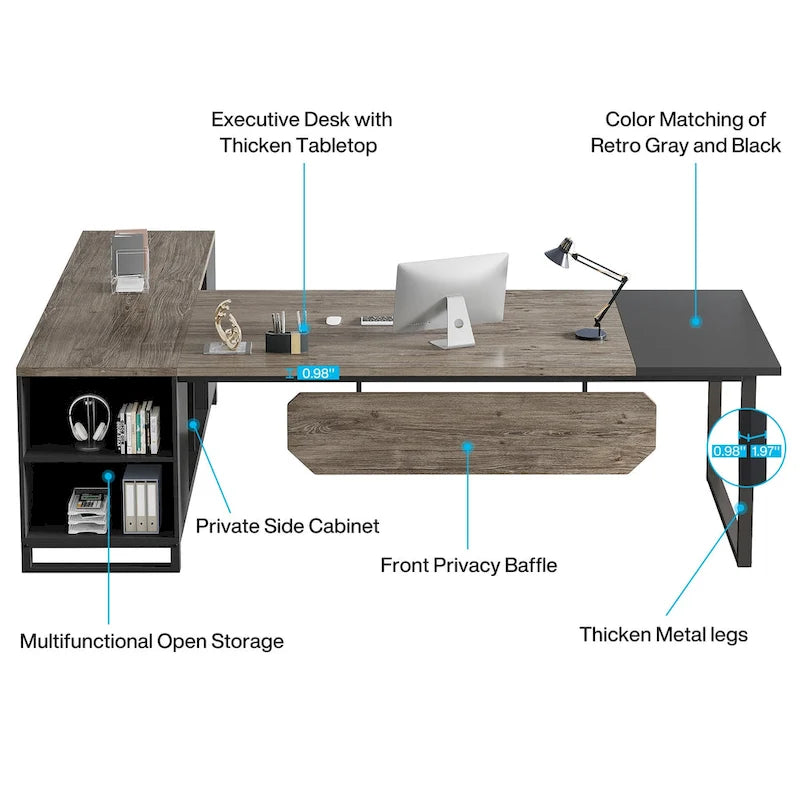Grand bureau d'ordinateur en L de 70,9 pouces, bureau de direction avec caisson de rangement, pour bureau à domicile