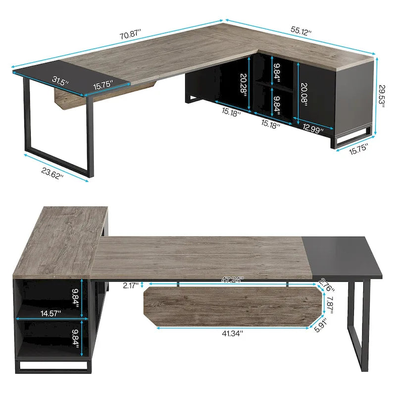 Grand bureau d'ordinateur en L de 70,9 pouces, bureau de direction avec caisson de rangement, pour bureau à domicile