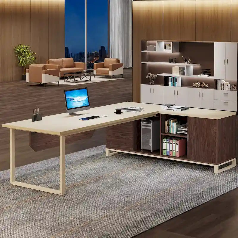 Grand bureau d'ordinateur en L de 70,9 pouces, bureau de direction avec caisson de rangement, pour bureau à domicile