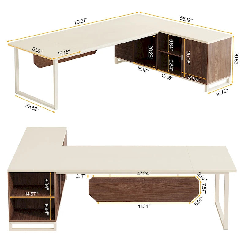 Grand bureau d'ordinateur en L de 70,9 pouces, bureau de direction avec caisson de rangement, pour bureau à domicile