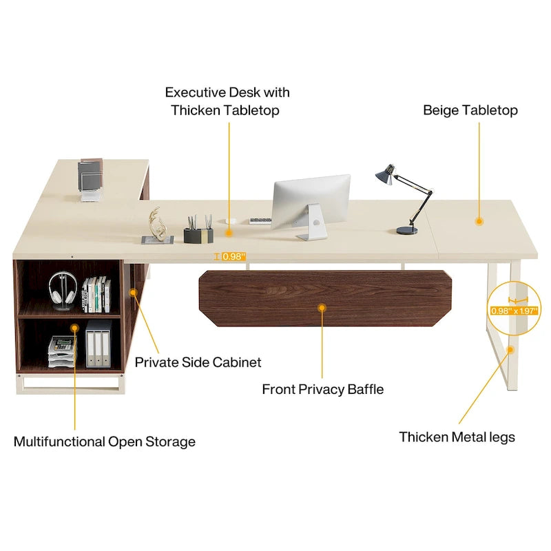 Grand bureau d'ordinateur en L de 70,9 pouces, bureau de direction avec caisson de rangement, pour bureau à domicile
