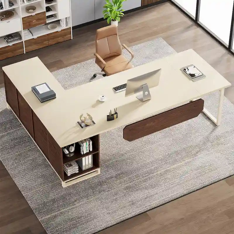 Grand bureau d'ordinateur en L de 70,9 pouces, bureau de direction avec caisson de rangement, pour bureau à domicile