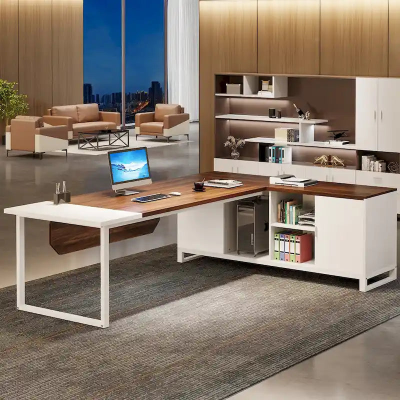 Grand bureau d'ordinateur en L de 70,9 pouces, bureau de direction avec caisson de rangement, pour bureau à domicile